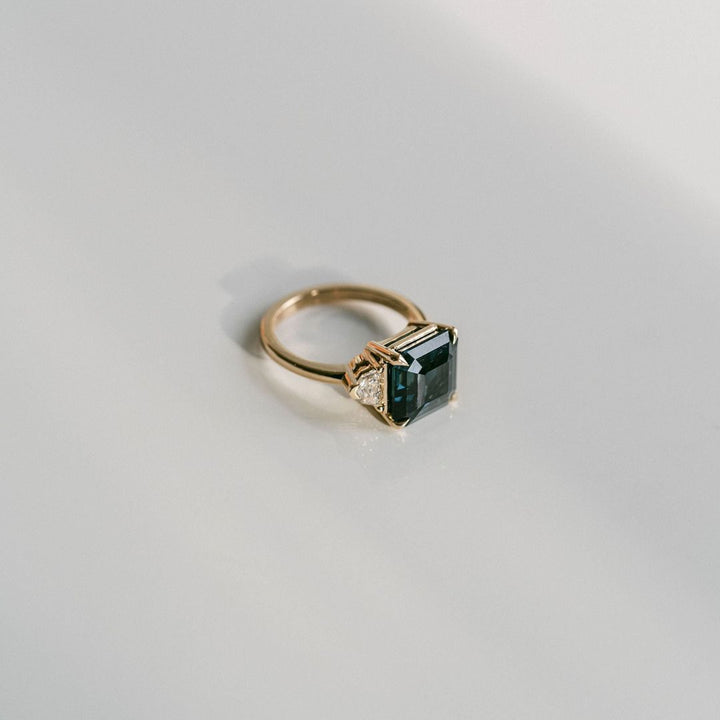 Square Emerald Cut Blue-Green Sapphire with Cadillac Diamond Accents