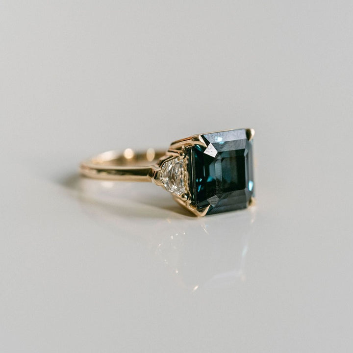 Square Emerald Cut Blue-Green Sapphire with Cadillac Diamond Accents