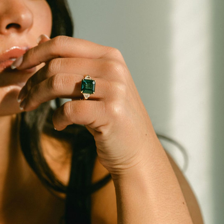 Square Emerald Cut Blue-Green Sapphire with Cadillac Diamond Accents