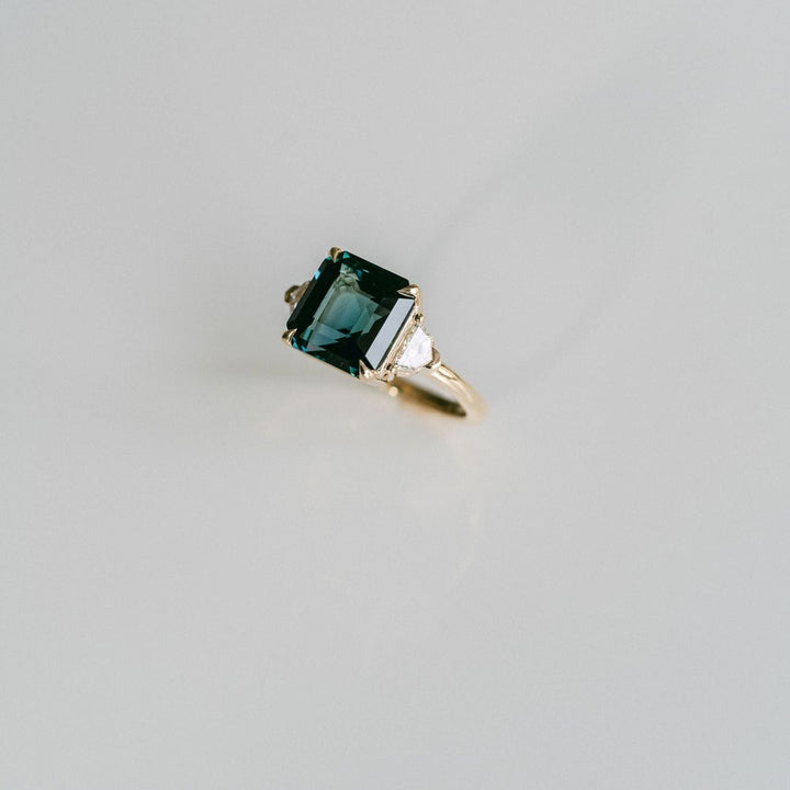 Square Emerald Cut Blue-Green Sapphire with Cadillac Diamond Accents