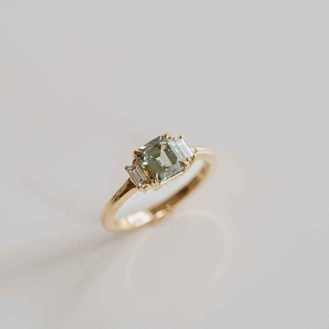 Square Emerald Cut Light Green Sapphire with Baguette Diamond Accents