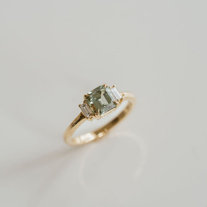 Square Emerald Cut Light Green Sapphire with Baguette Diamond Accents