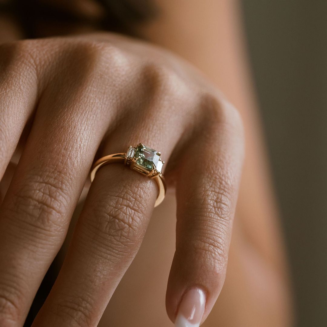 Square Emerald Cut Light Green Sapphire with Baguette Diamond Accents