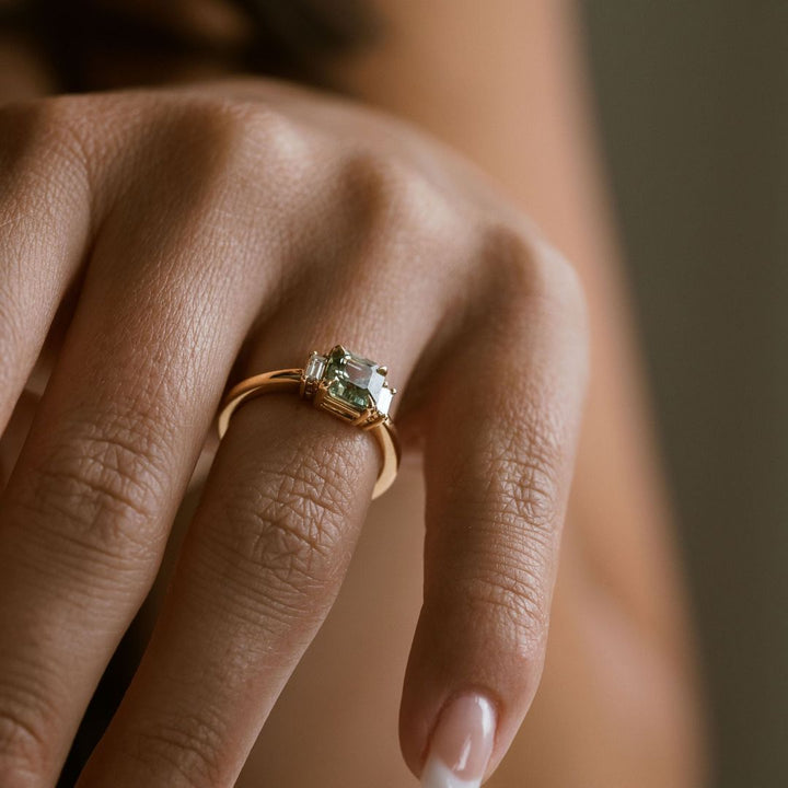 Square Emerald Cut Light Green Sapphire with Baguette Diamond Accents