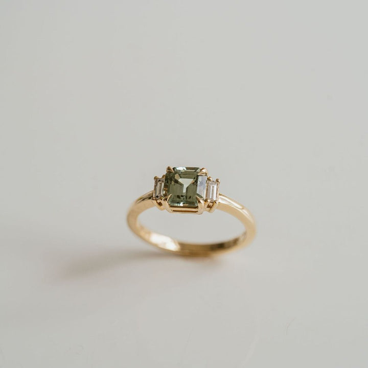 Square Emerald Cut Light Green Sapphire with Baguette Diamond Accents