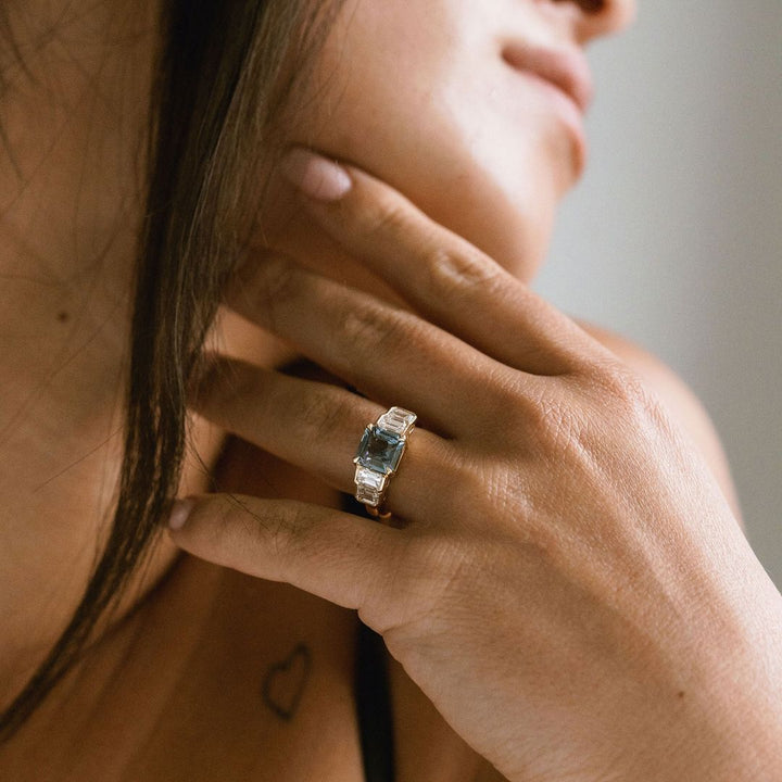 Square Emerald Cut Teal Sapphire With Emerald Cut Diamond Accents