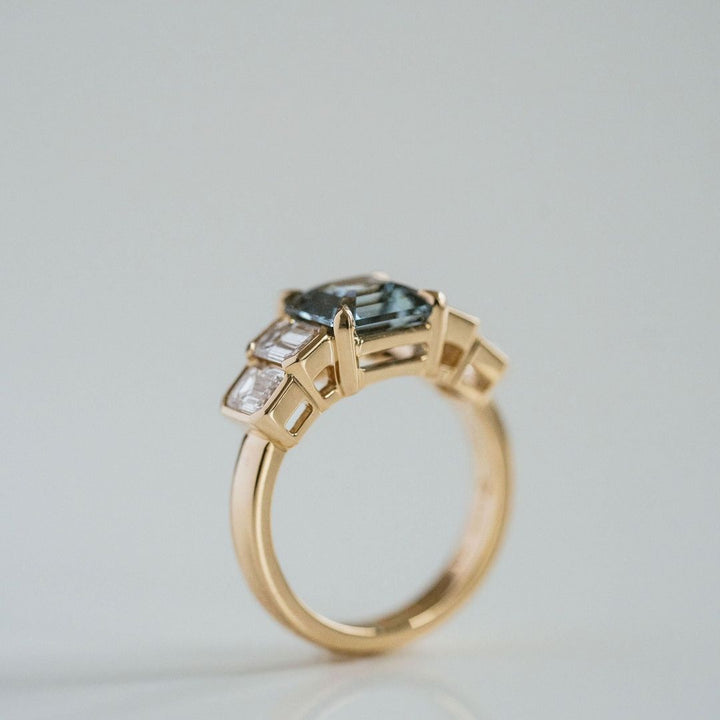 Square Emerald Cut Teal Sapphire With Emerald Cut Diamond Accents