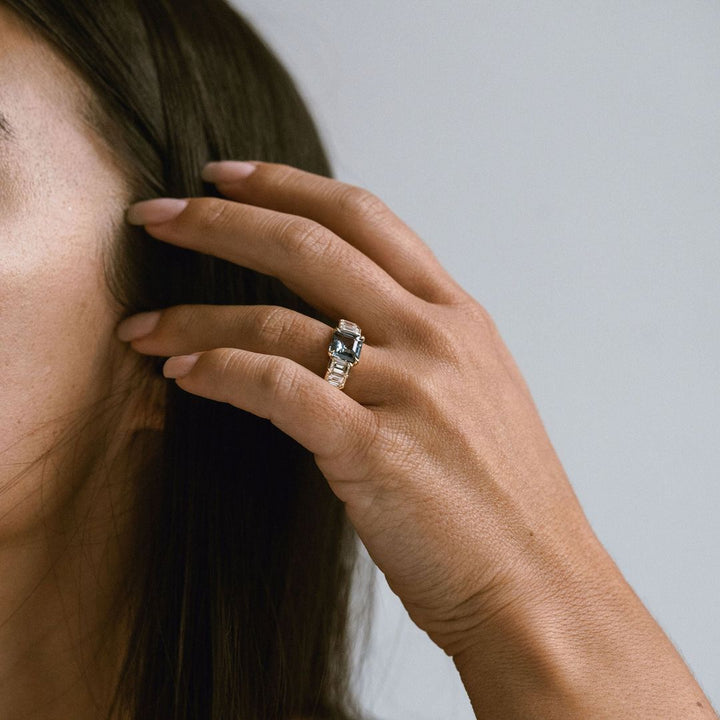 Square Emerald Cut Teal Sapphire With Emerald Cut Diamond Accents