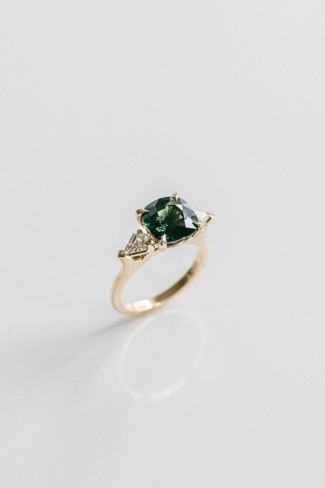 Square Cushion Cut West Coast Green Sapphire With Diamond Kite Accents