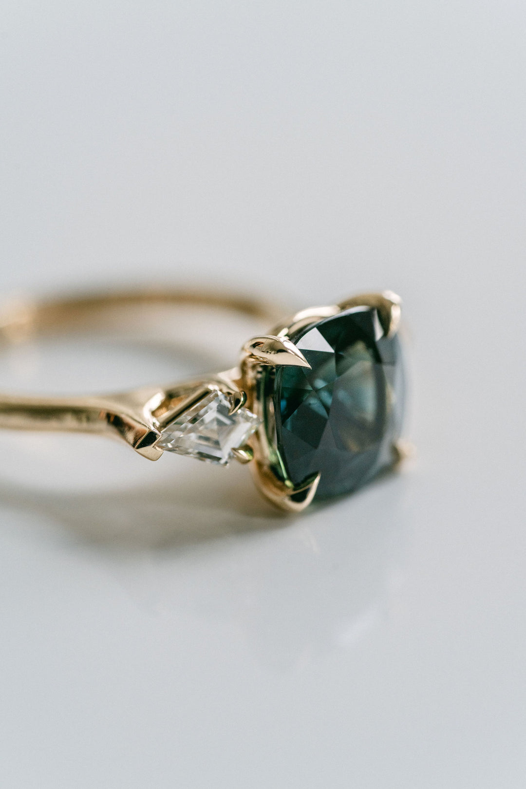 Square Cushion Cut West Coast Green Sapphire With Diamond Kite Accents