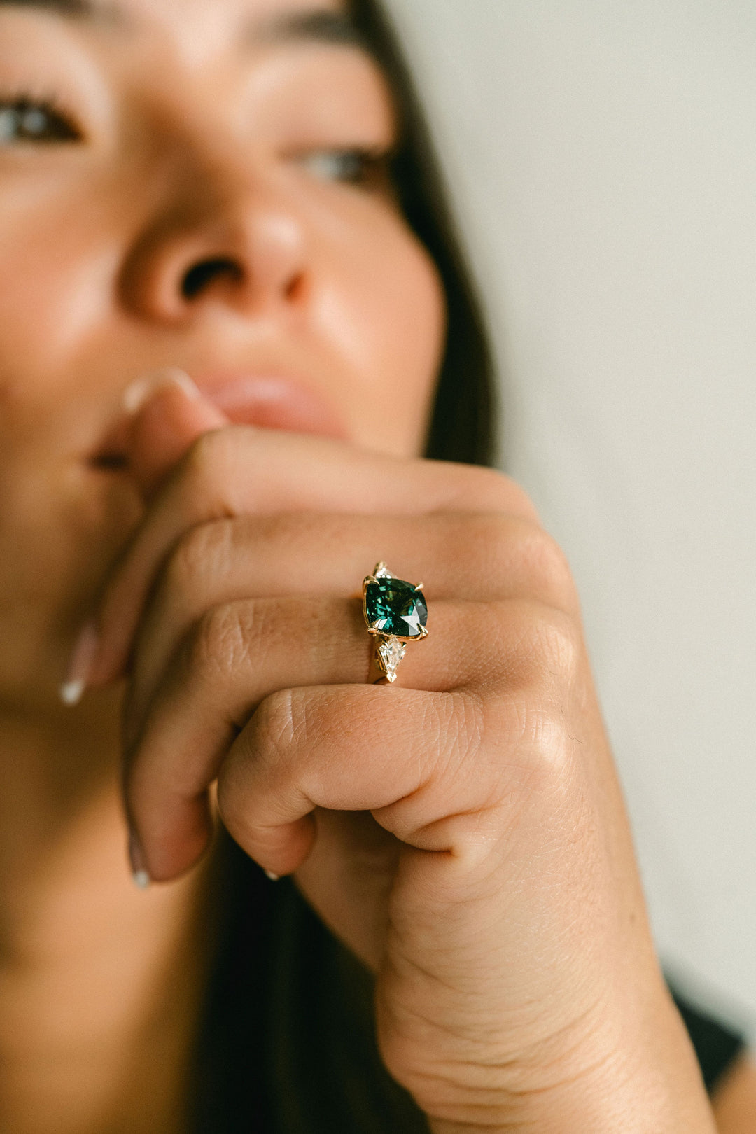 Square Cushion Cut West Coast Green Sapphire With Diamond Kite Accents
