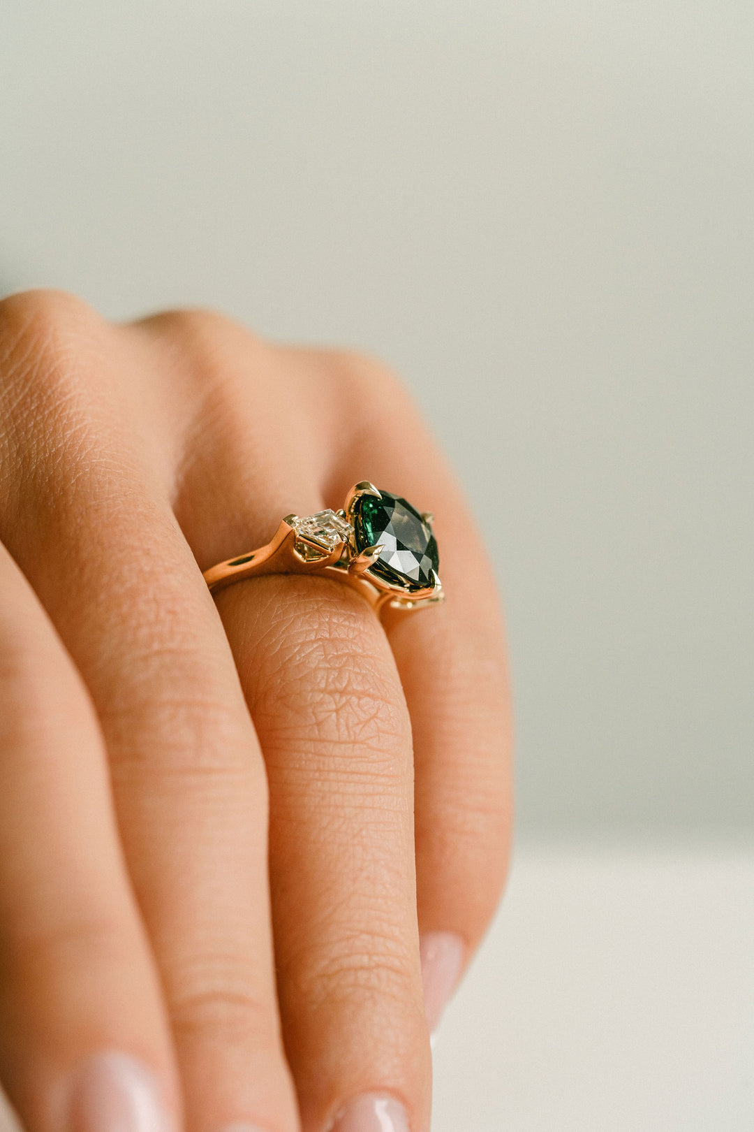 Square Cushion Cut West Coast Green Sapphire With Diamond Kite Accents
