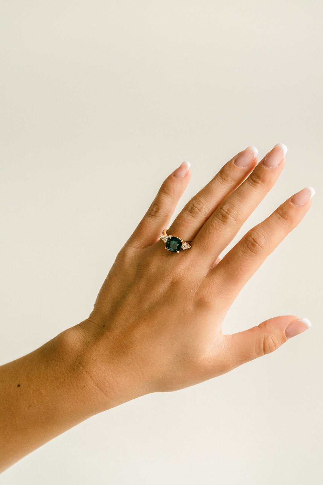 Square Cushion Cut West Coast Green Sapphire With Diamond Kite Accents