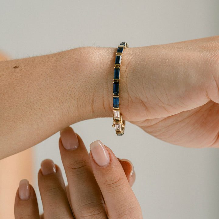 Baguette Blue Sapphire Bar Set Tennis Bracelet With Diamonds