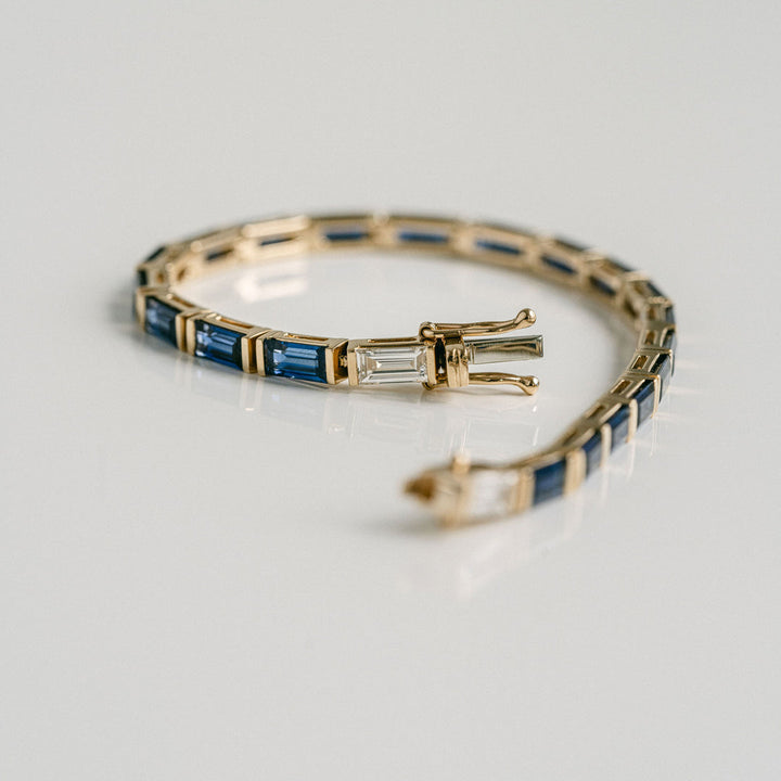 Baguette Blue Sapphire Bar Set Tennis Bracelet With Diamonds