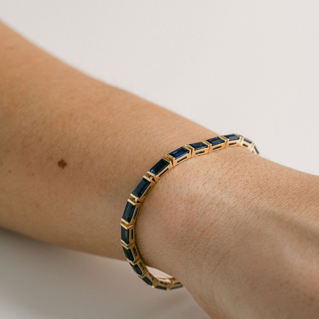 Baguette Blue Sapphire Bar Set Tennis Bracelet With Diamonds