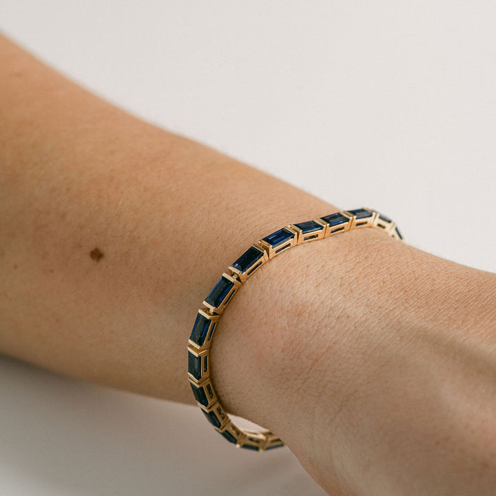 Baguette Blue Sapphire Bar Set Tennis Bracelet With Diamonds