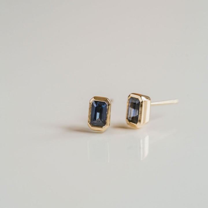 Emerald Cut Blue Sapphire Bezel Studs