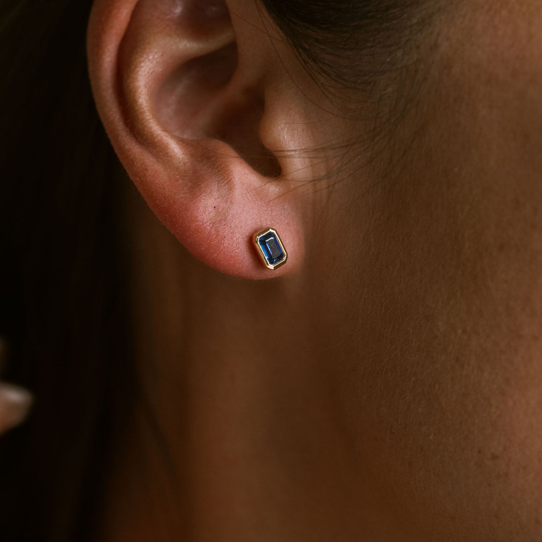 Emerald Cut Blue Sapphire Bezel Studs