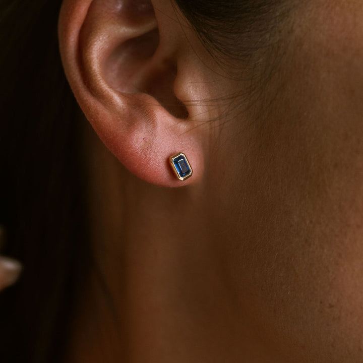 Emerald Cut Blue Sapphire Bezel Studs