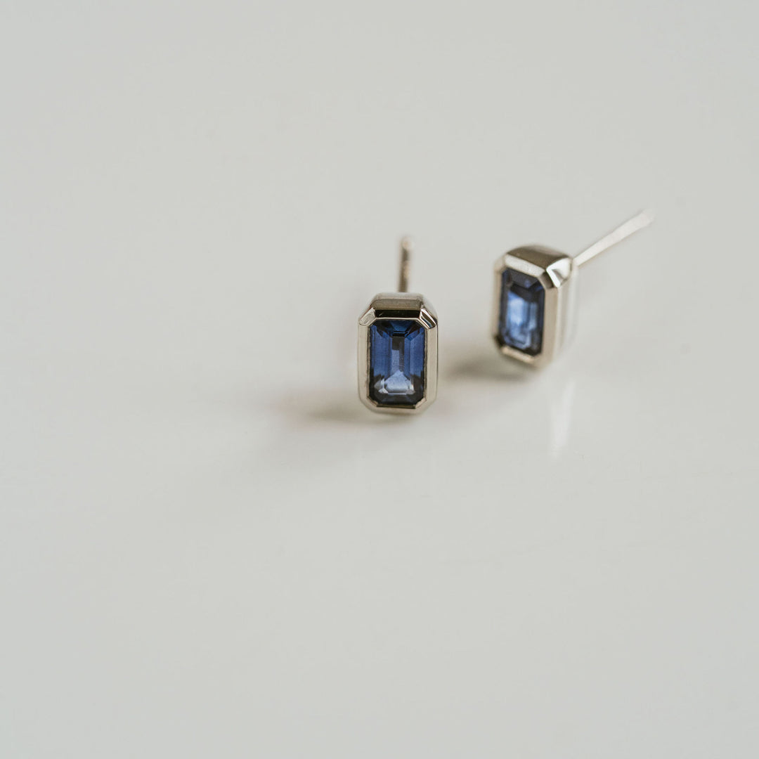 Emerald Cut Blue Sapphire Bezel Studs