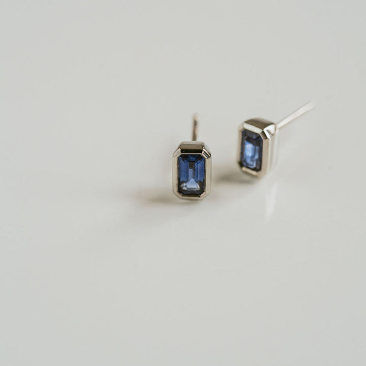 Emerald Cut Blue Sapphire Bezel Studs