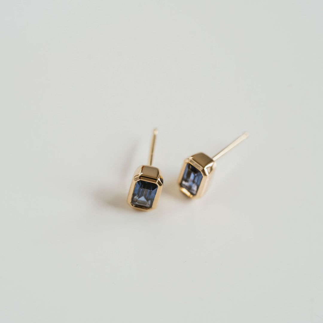 Emerald Cut Blue Sapphire Bezel Studs