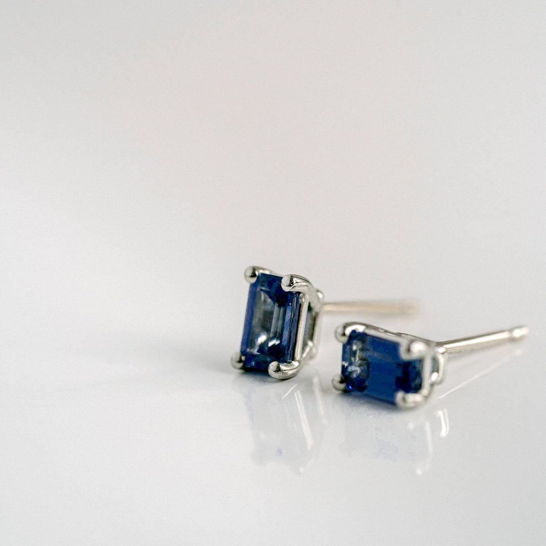 Emerald Cut Blue Sapphire Studs