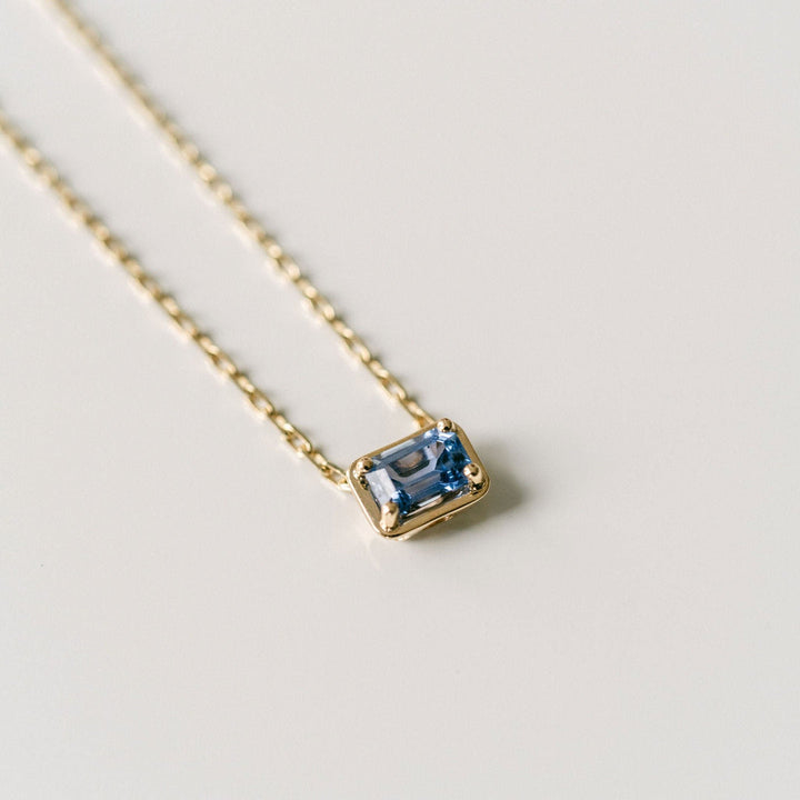 Emerald Cut East-West Framed Blue Sapphire Slider Necklace