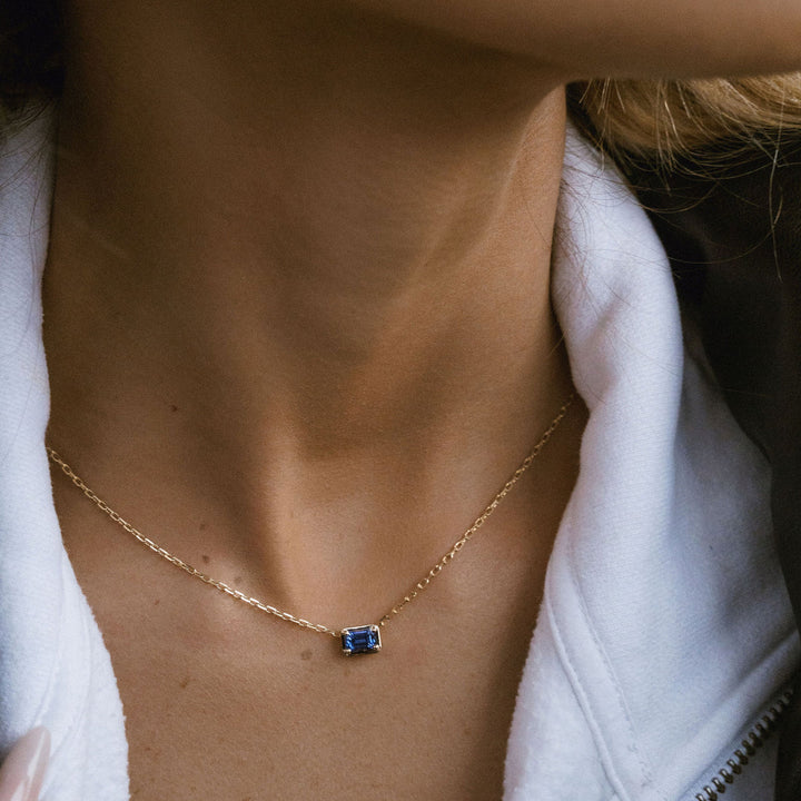 Emerald Cut East-West Framed Blue Sapphire Slider Necklace