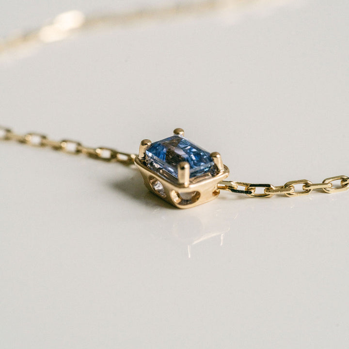 Emerald Cut East-West Framed Blue Sapphire Slider Necklace