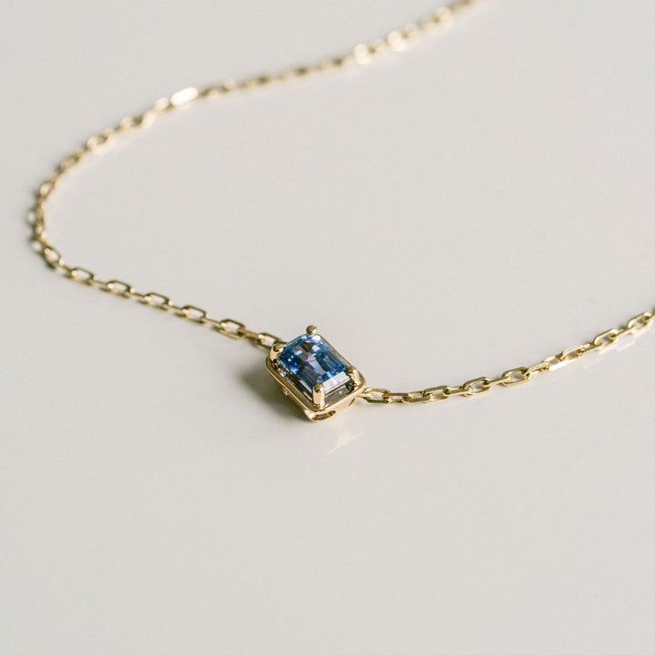 Emerald Cut East-West Framed Blue Sapphire Slider Necklace