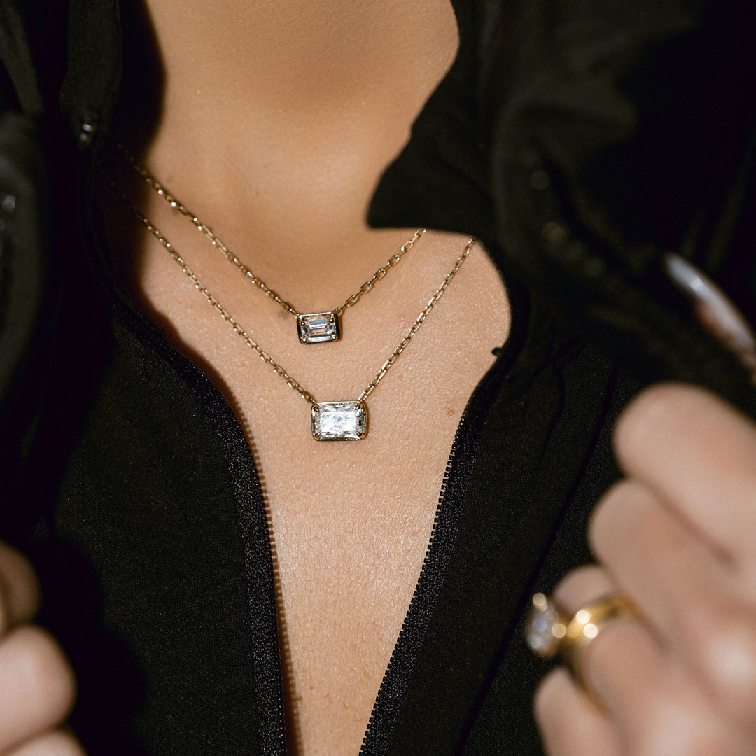 Emerald Cut East-West Framed Diamond Slider Necklace