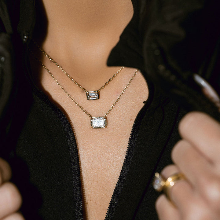 Emerald Cut East-West Framed Diamond Slider Necklace