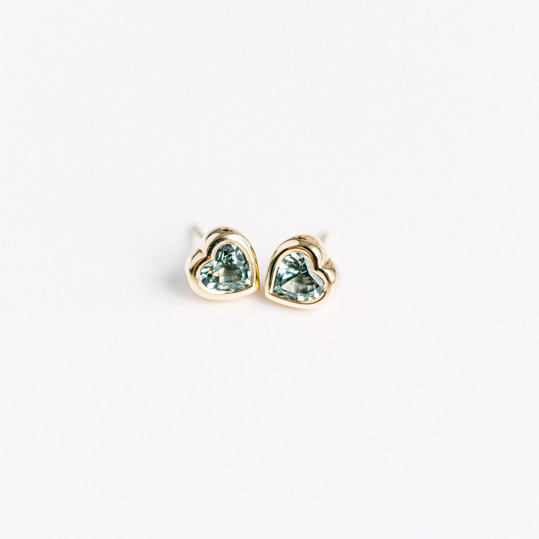 Heart Shape Blue-Green Sapphire Bezel Studs