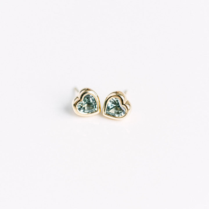 Heart Shape Blue-Green Sapphire Bezel Studs