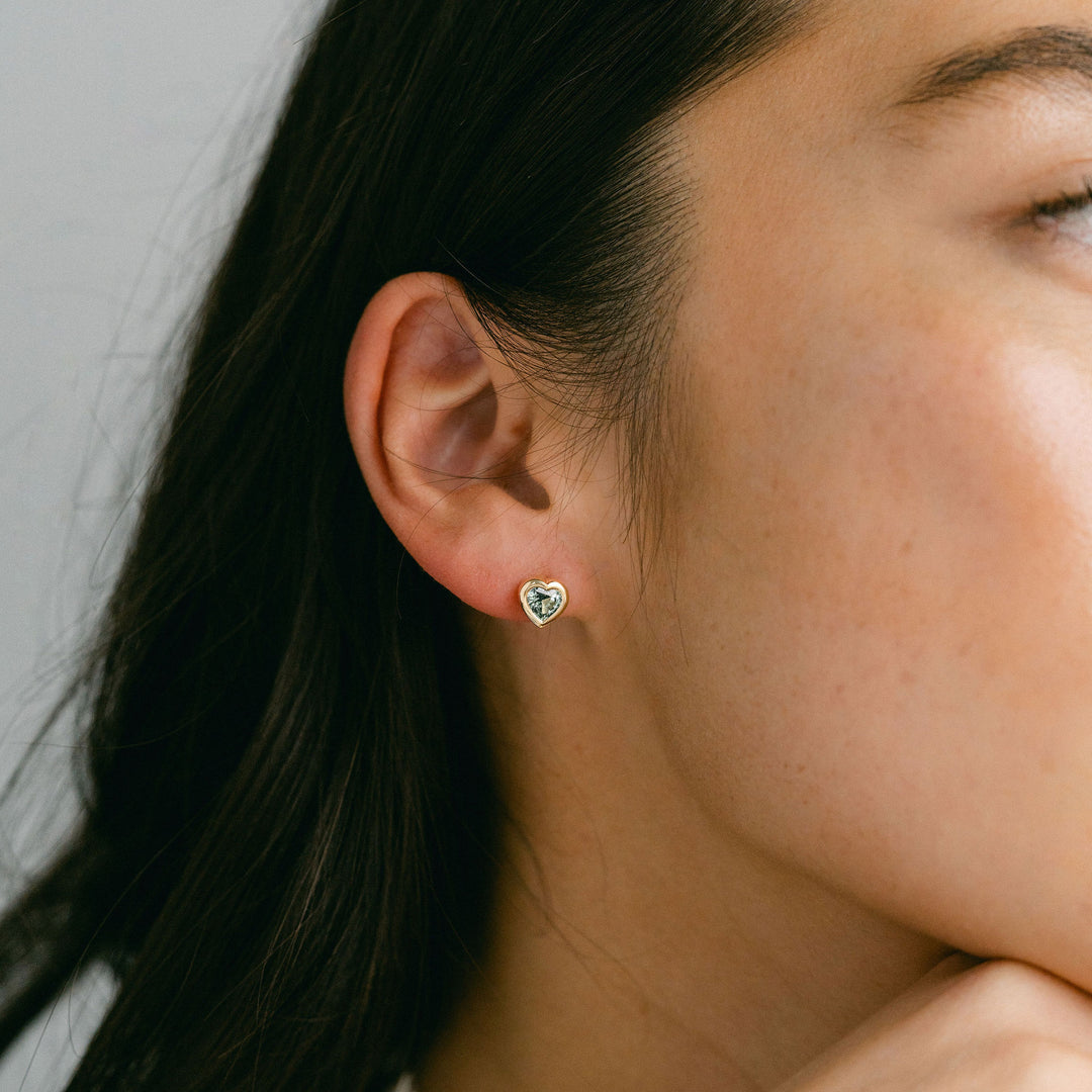 Heart Shape Blue-Green Sapphire Bezel Studs