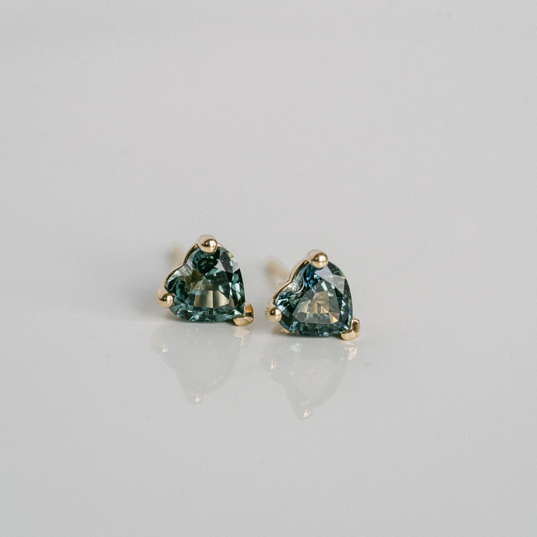 Heart Shape Blue-Green Sapphire Studs