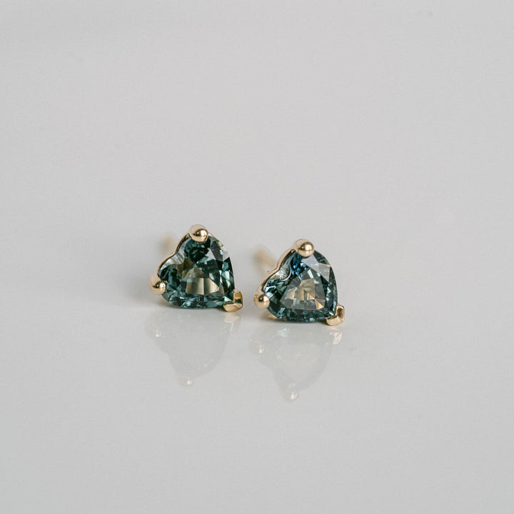 Heart Shape Blue-Green Sapphire Studs