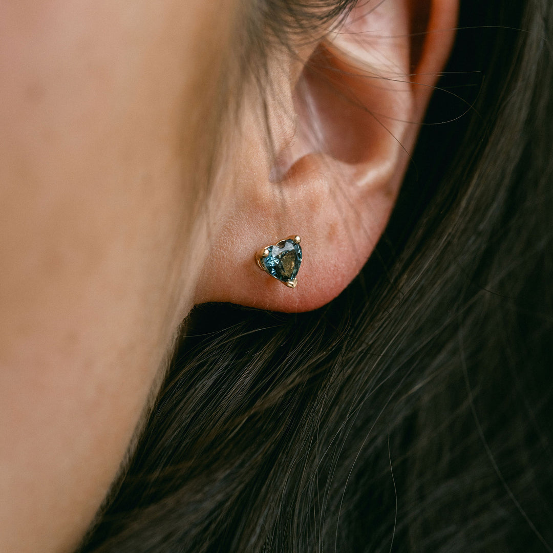 Heart Shape Blue-Green Sapphire Studs