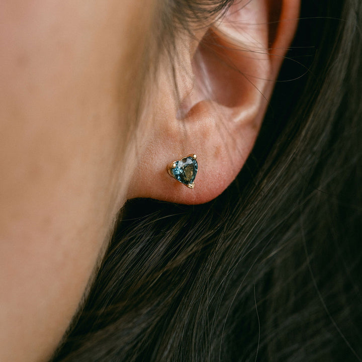 Heart Shape Blue-Green Sapphire Studs