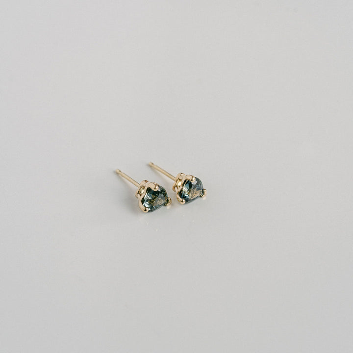 Heart Shape Blue-Green Sapphire Studs