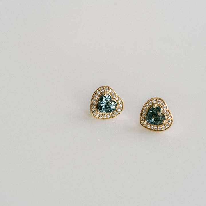 Heart Shape Blue-Green Sapphire Studs With Diamond Halo