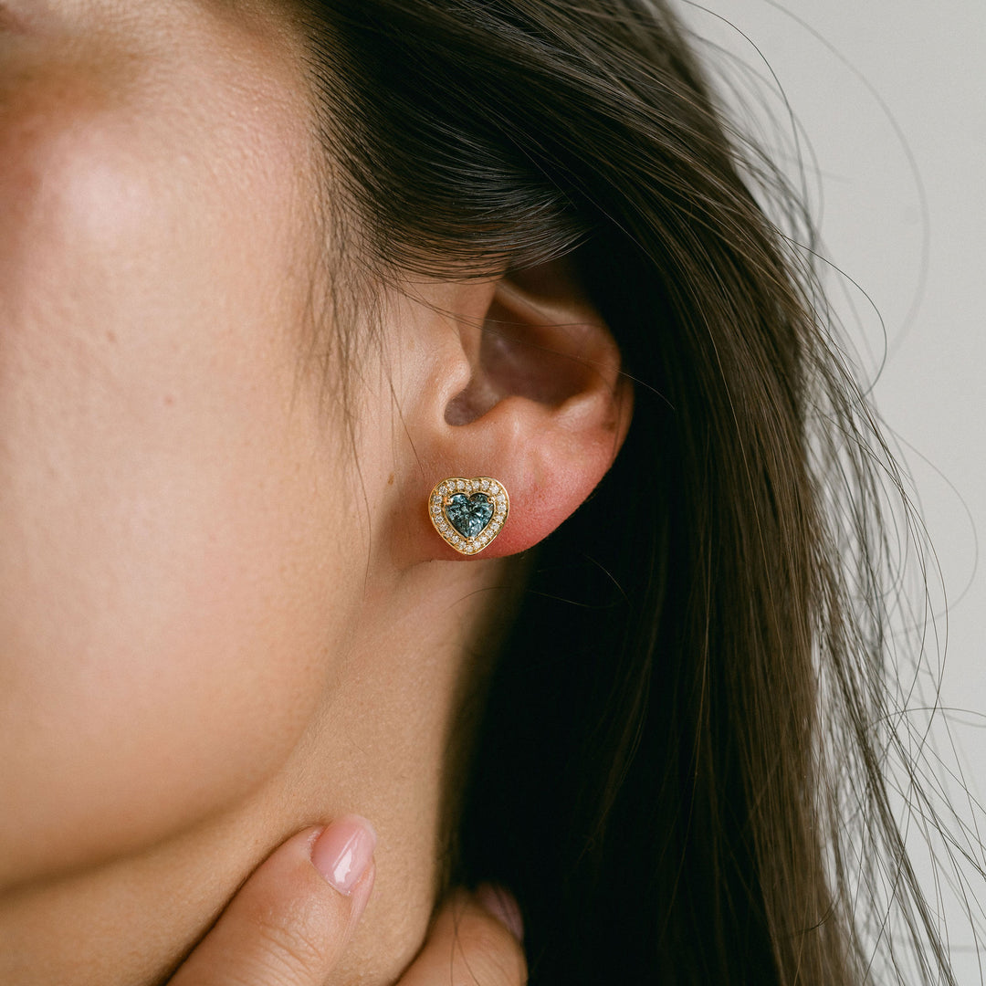 Heart Shape Blue-Green Sapphire Studs With Diamond Halo