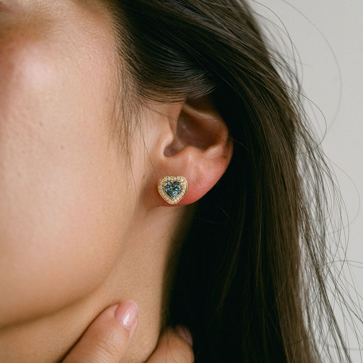 Heart Shape Blue-Green Sapphire Studs With Diamond Halo