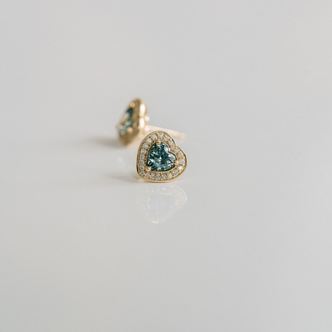 Heart Shape Blue-Green Sapphire Studs With Diamond Halo