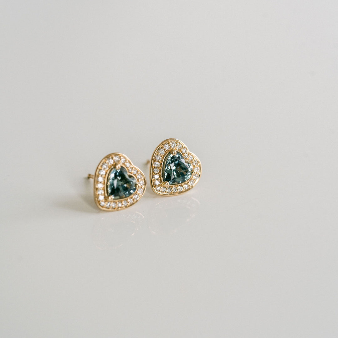 Heart Shape Blue-Green Sapphire Studs With Diamond Halo