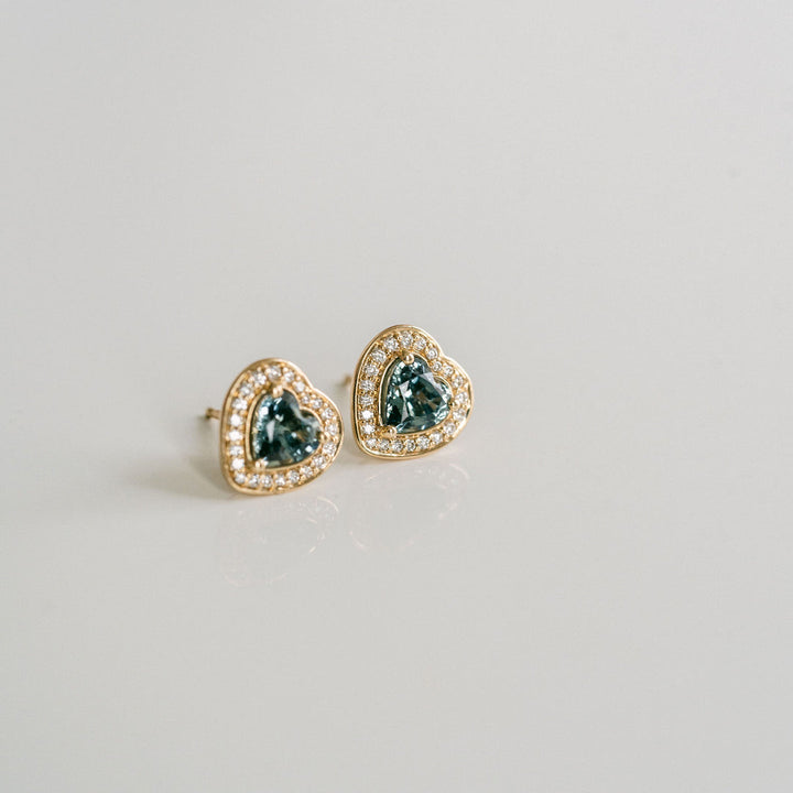 Heart Shape Blue-Green Sapphire Studs With Diamond Halo