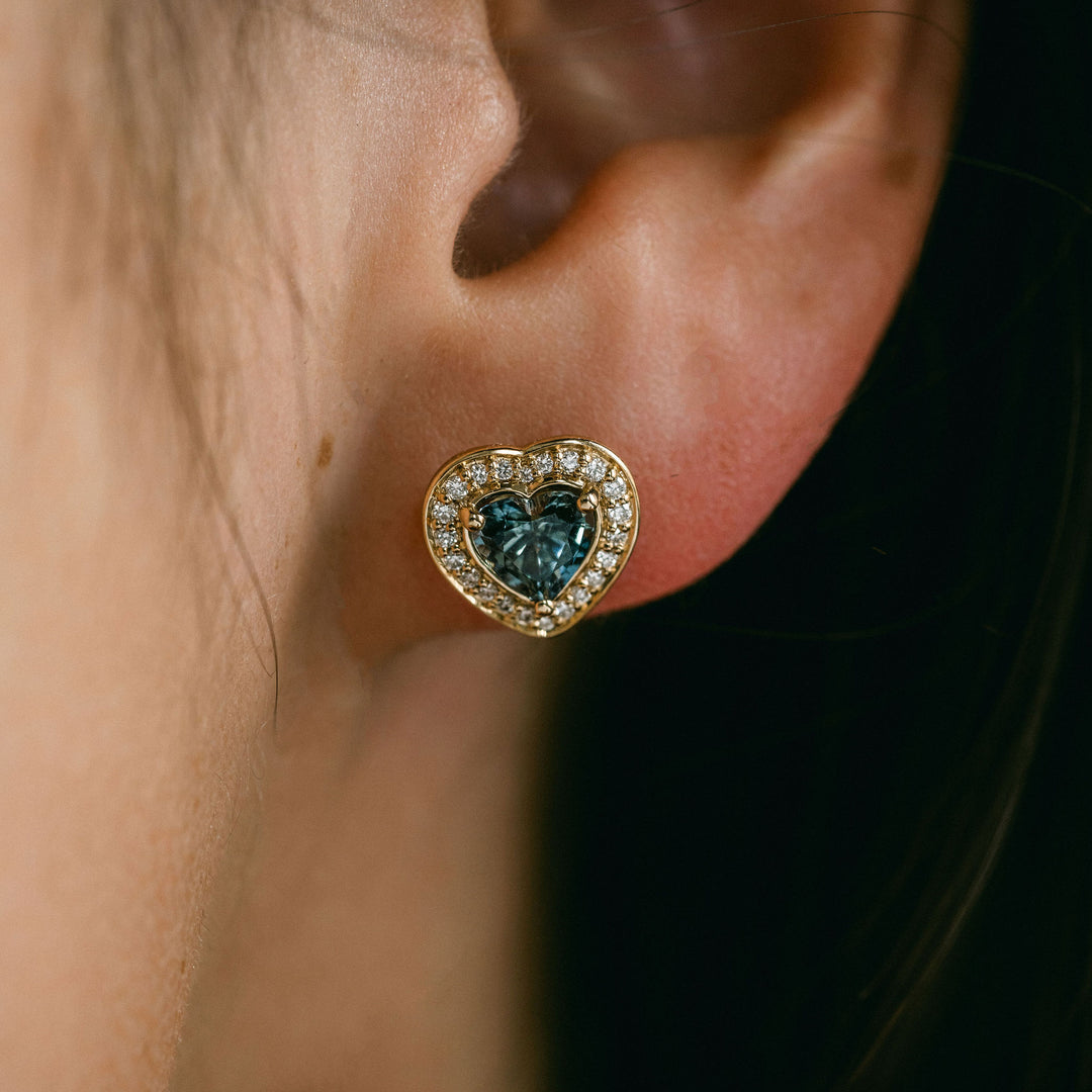 Heart Shape Blue-Green Sapphire Studs With Diamond Halo