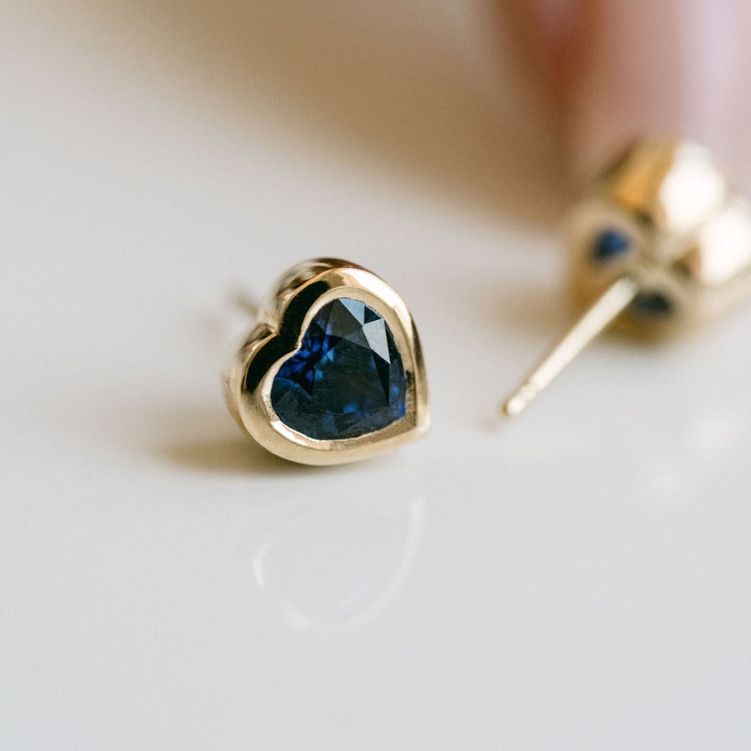 Heart Shape Blue Sapphire Bezel Studs